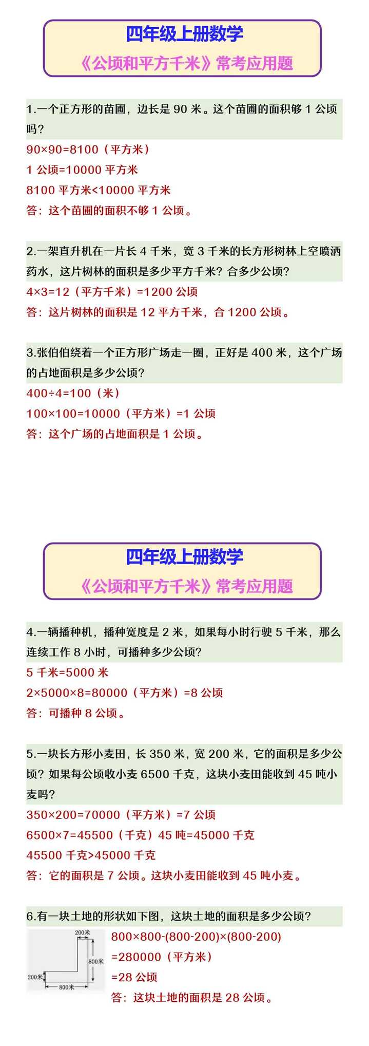四年级上册数学 《公顷和平方千米》常考应用题