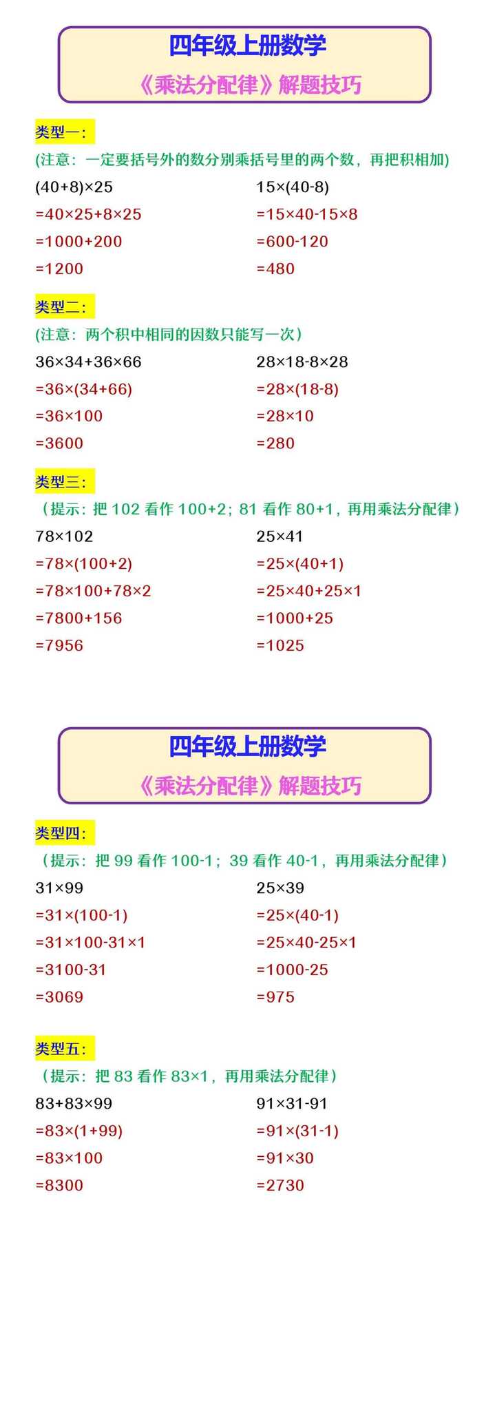四年级上册数学 《乘法分配律》解题技巧
