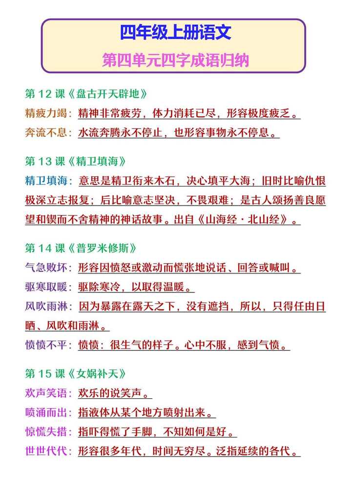 四年级上册语文 第四单元四字成语归纳