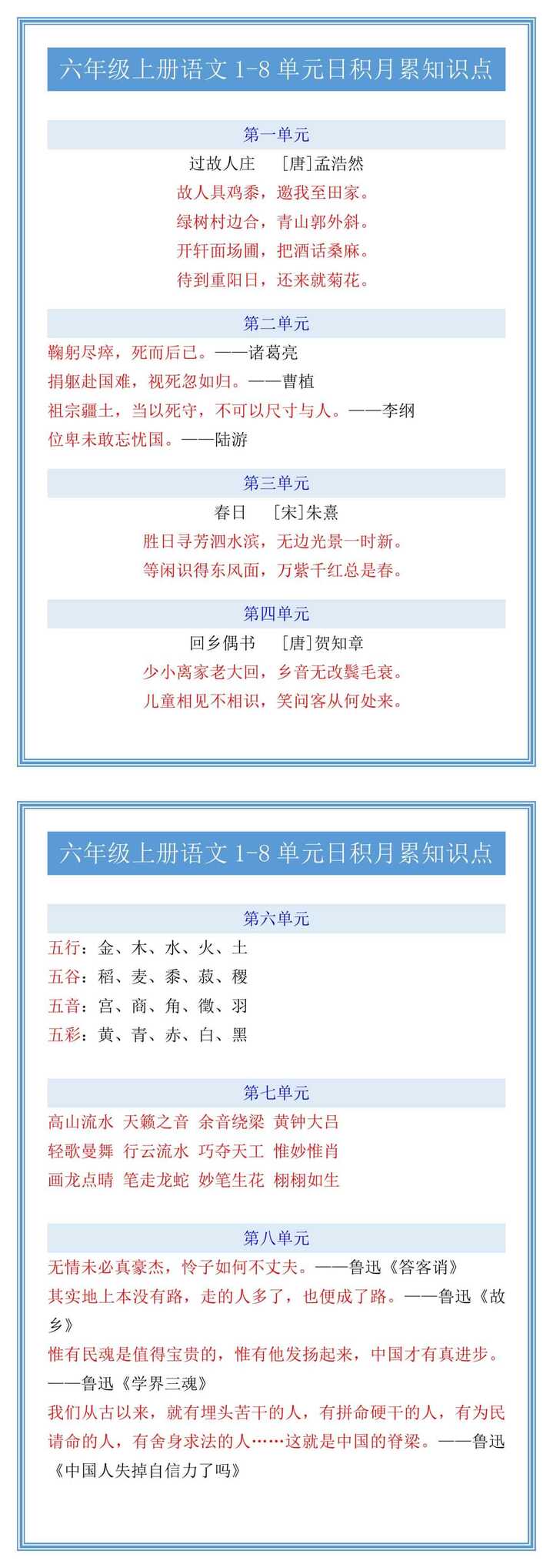 六年级上册语文1-8单元日积月累知识点