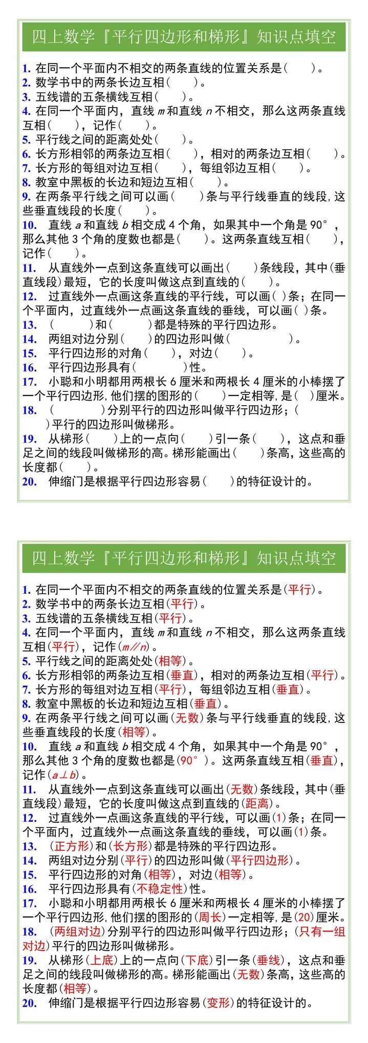 四上数学『平行四边形和梯形』知识点填空
