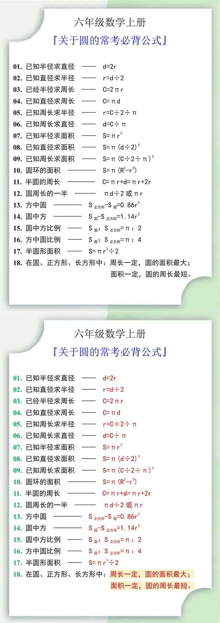 六年级数学上册关于圆的常考必背公式