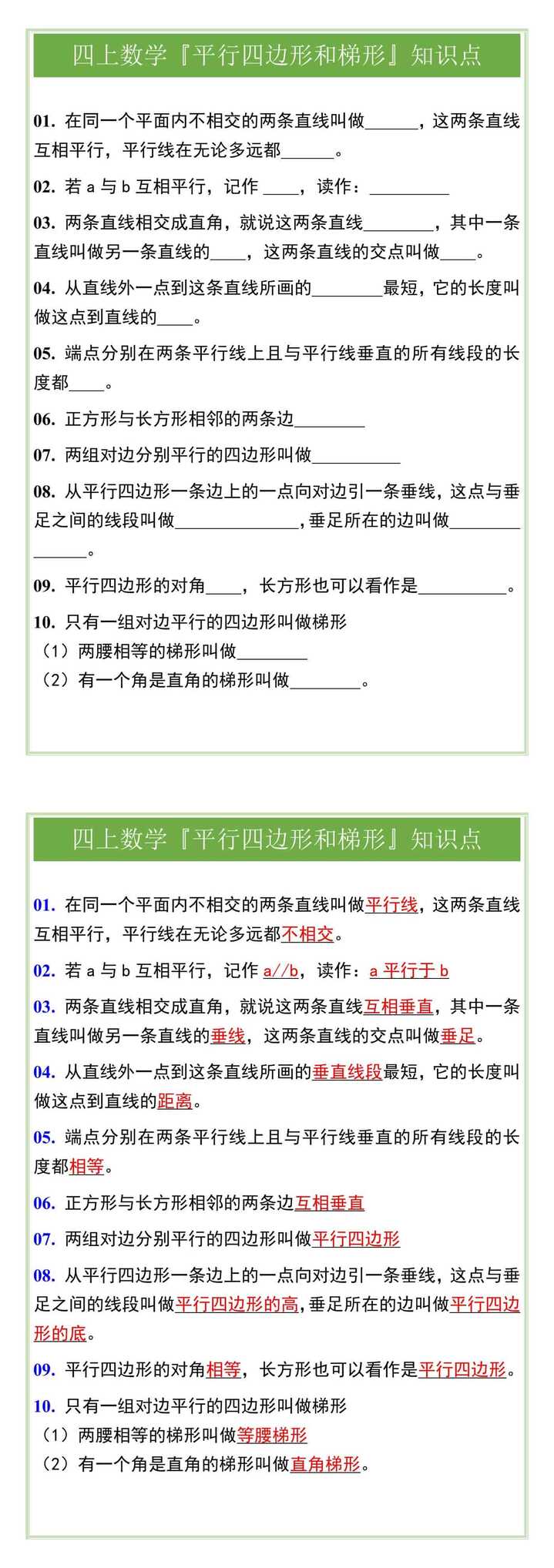 四上数学『平行四边形和梯形』知识点
