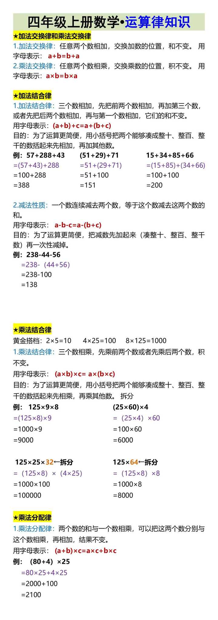 四年级上册数学•运算律知识