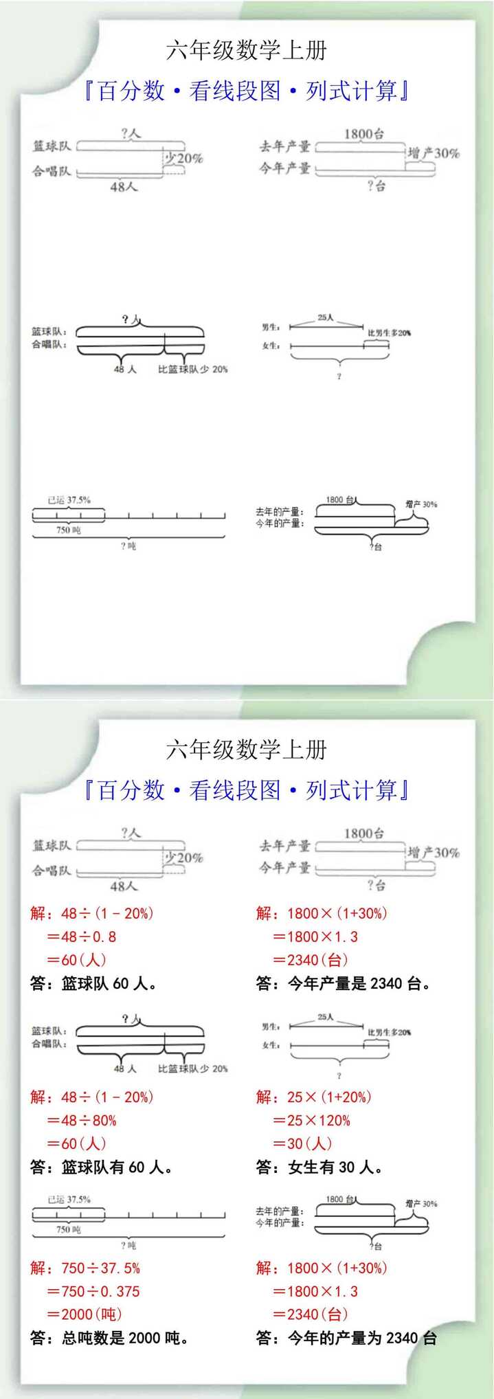 六年级数学上册百分数看线段图列式计算