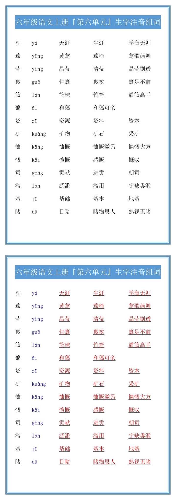 六年级语文上册『第六单元』生字注音组词