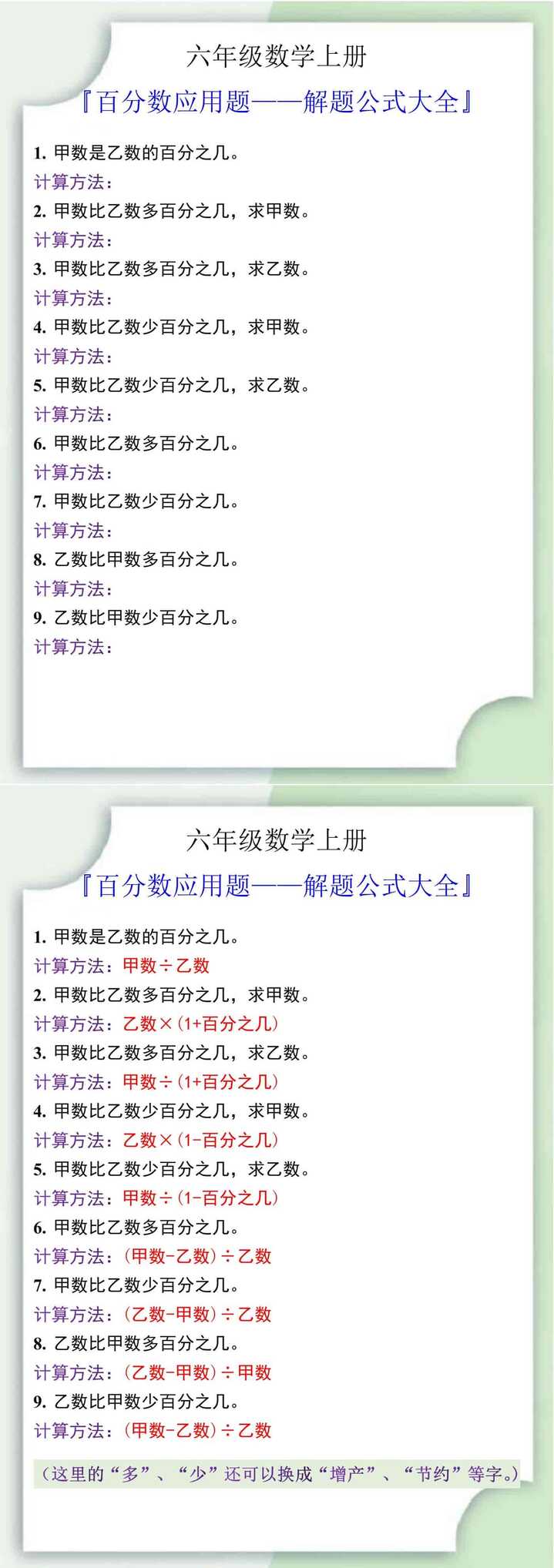 六年级数学上册百分数应用题解题公式大全