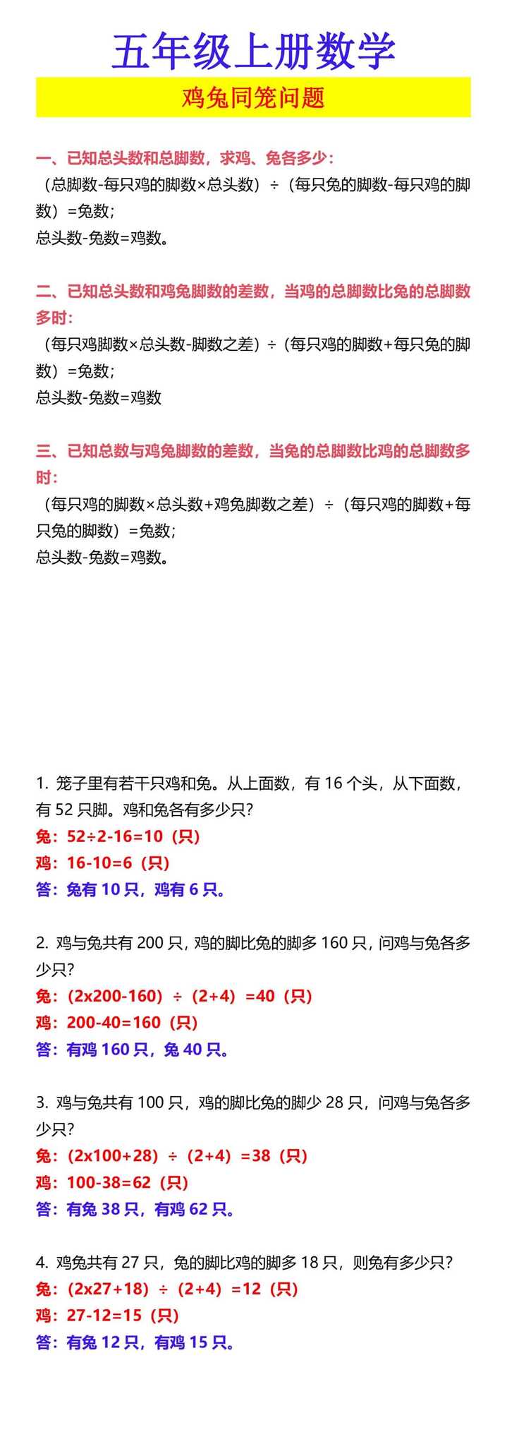 五年级上册数学 鸡兔同笼问题