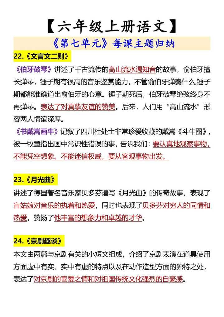 【六年级上册语文】 《第七单元》每课主题归纳