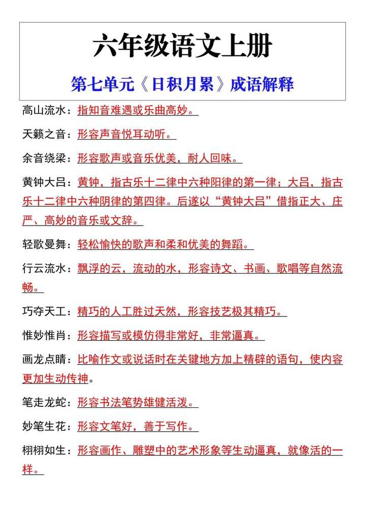 六年级语文上册第七单元《日积月累》成语解释