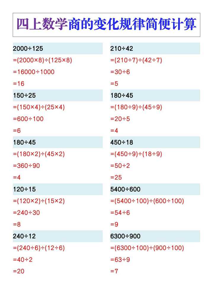 四年级数学上册用商的变化规律简便计算