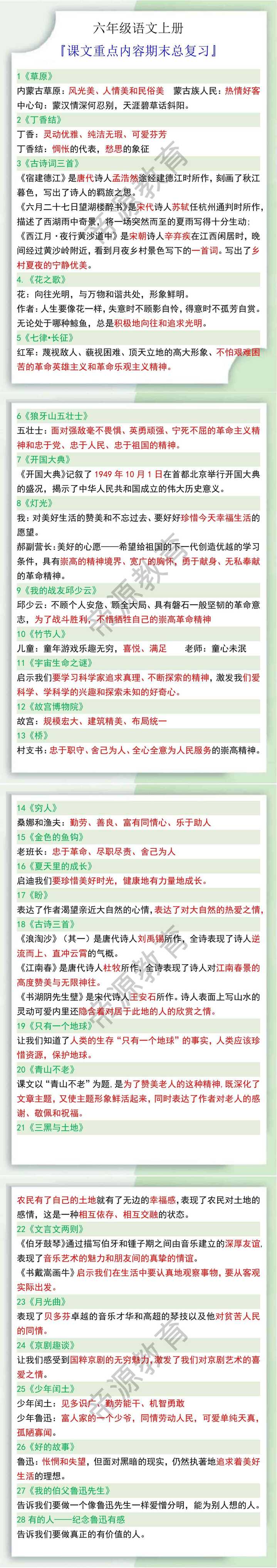 六年级语文上册课文重点内容期末总复习