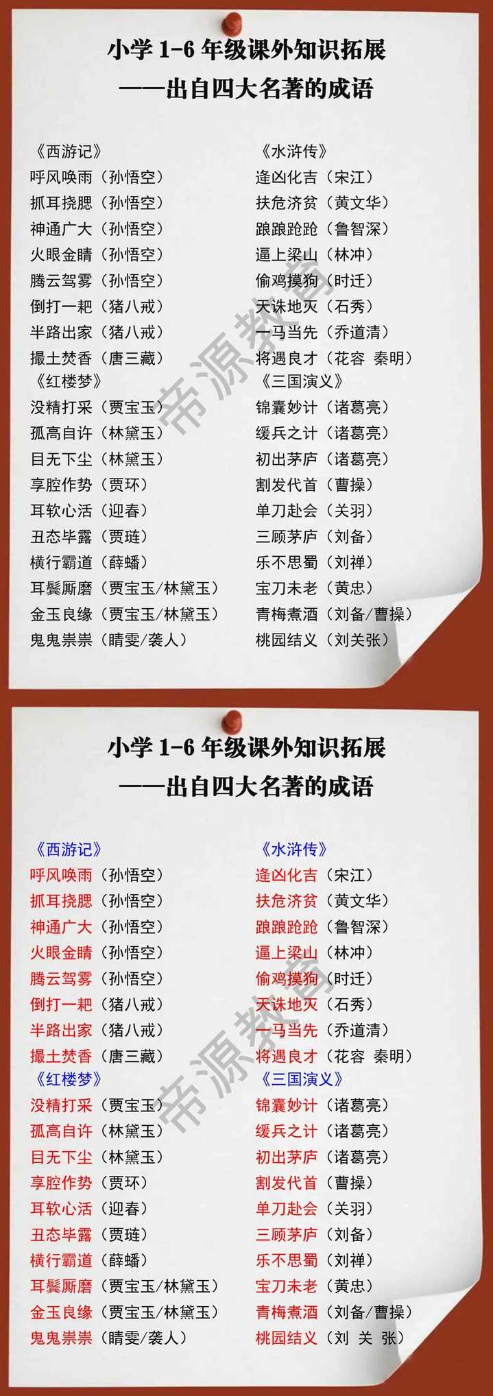 小学1-6年级课外知识拓展出自四大名著的成语