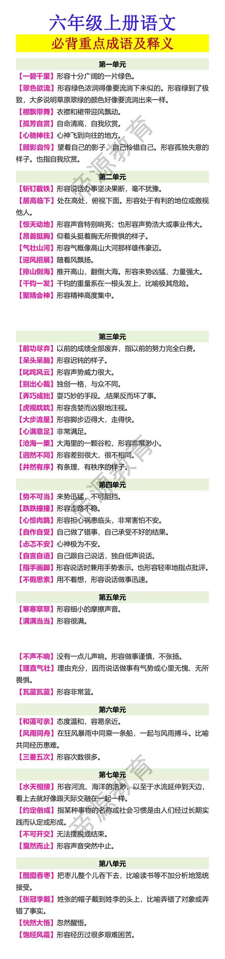 六年级上册语文 必背重点成语及释义