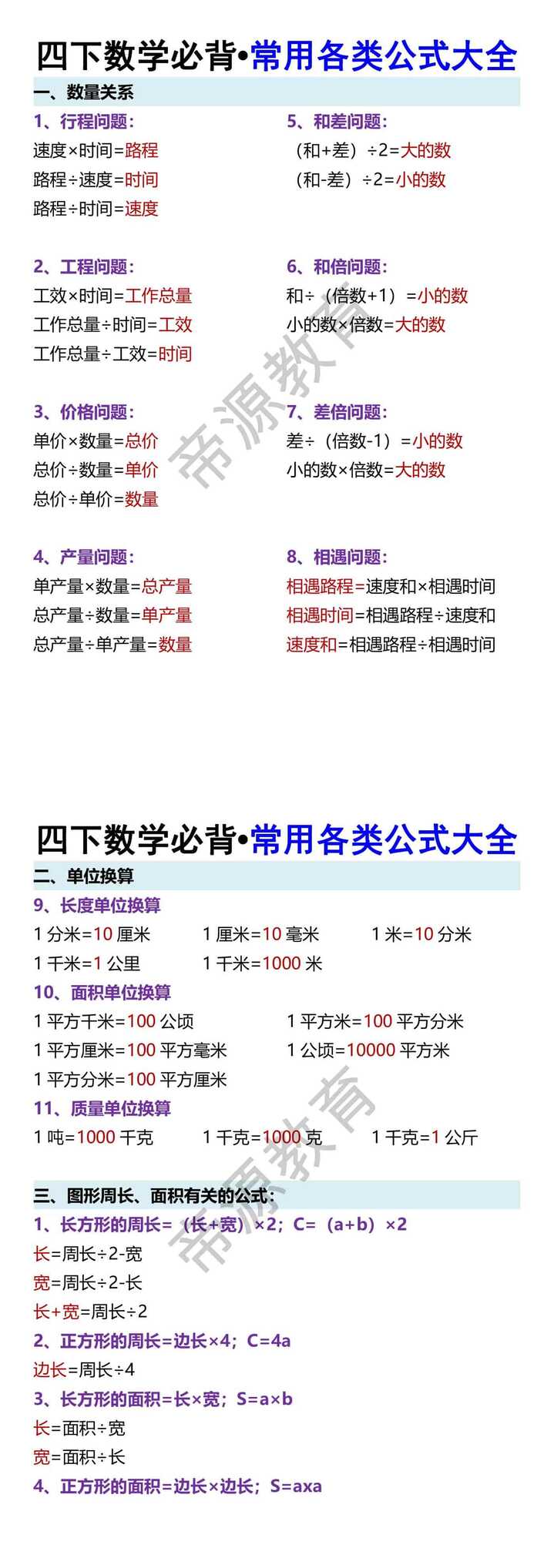 四下数学必背•常用各类公式大全
