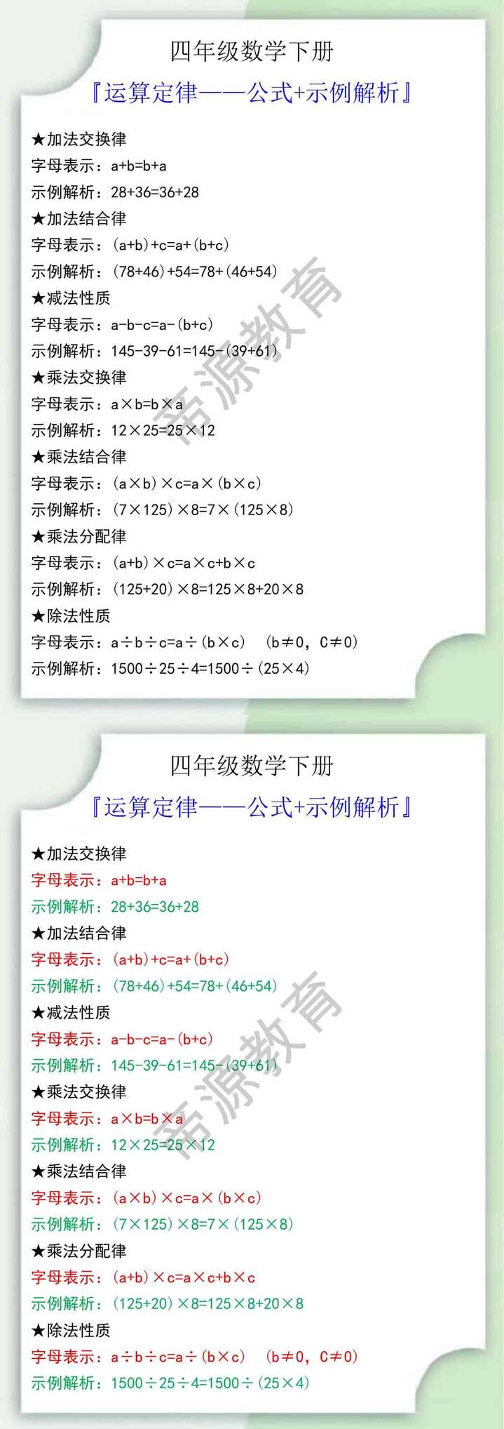 四年级数学下册运算定律公式示例大全