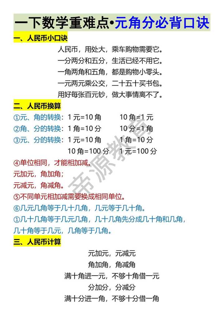 一下数学重难点•元角分必背口诀