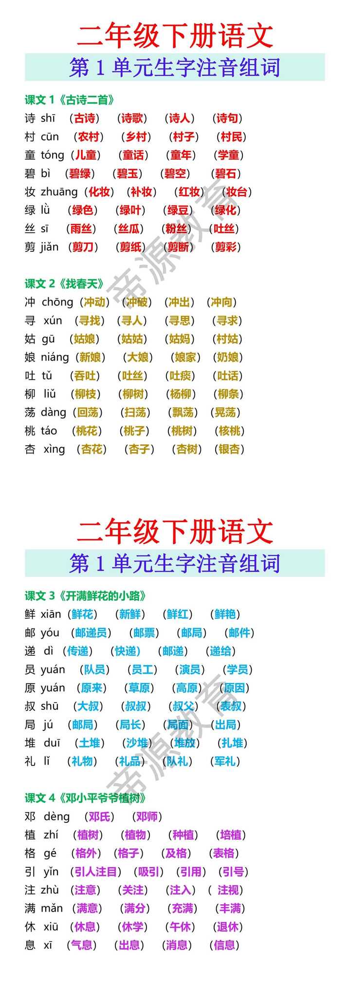 二年级下册语文第1单元生字注音组词