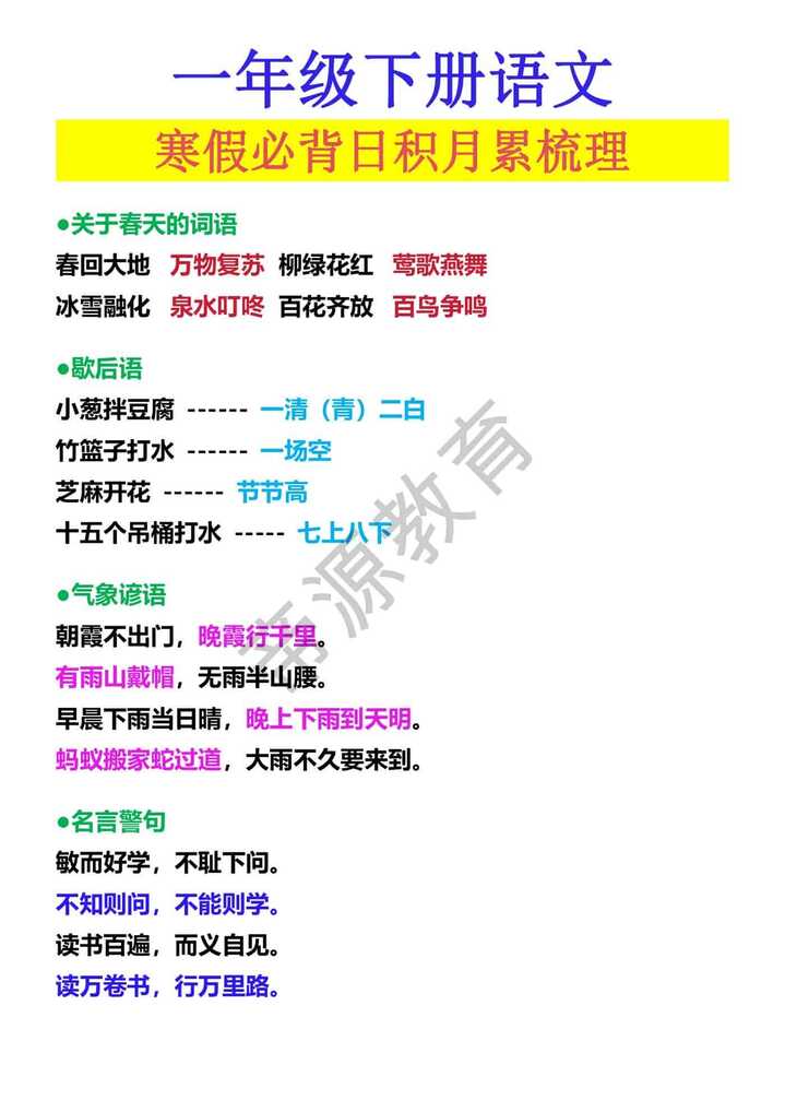 一年级下册语文寒假必背日积月累梳理