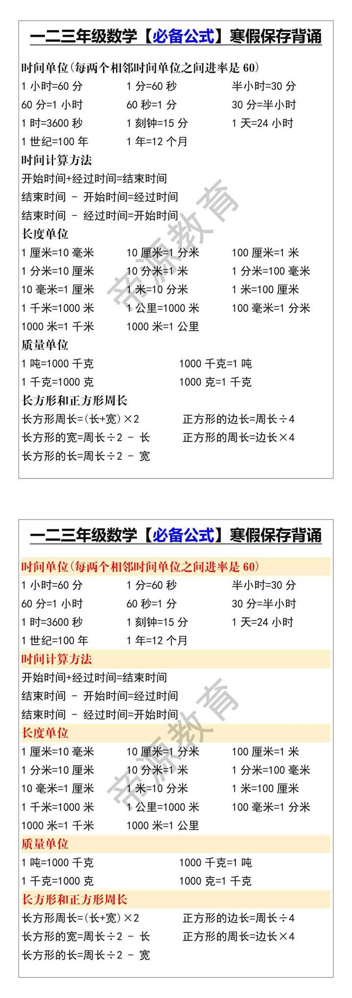 一二三年级数学【必备公式】寒假保存背诵