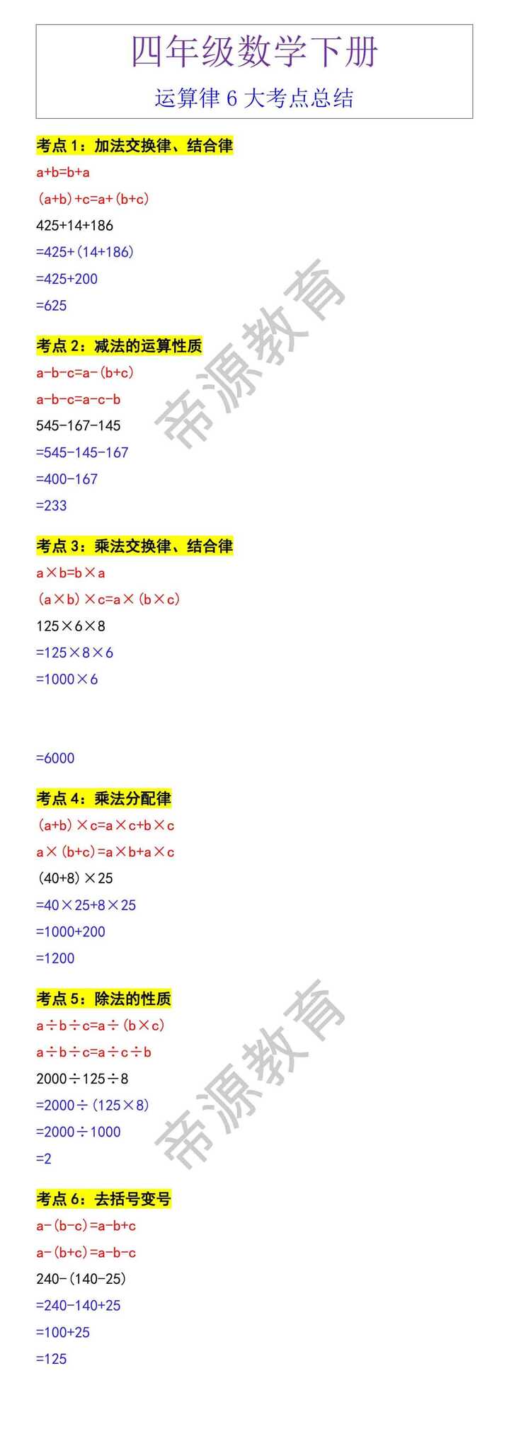 四年级数学下册运算律6大考点总结