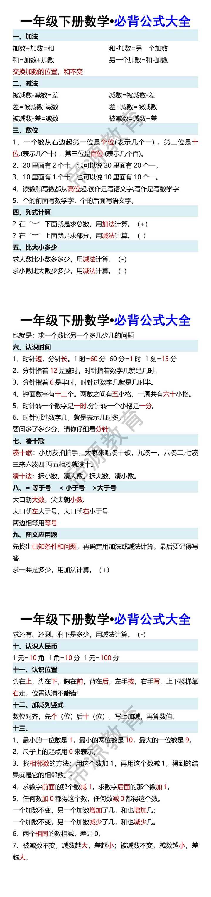 一年级下册数学•必背公式大全