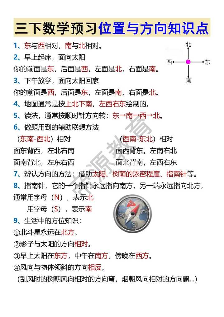 三下数学预习位置与方向知识点
