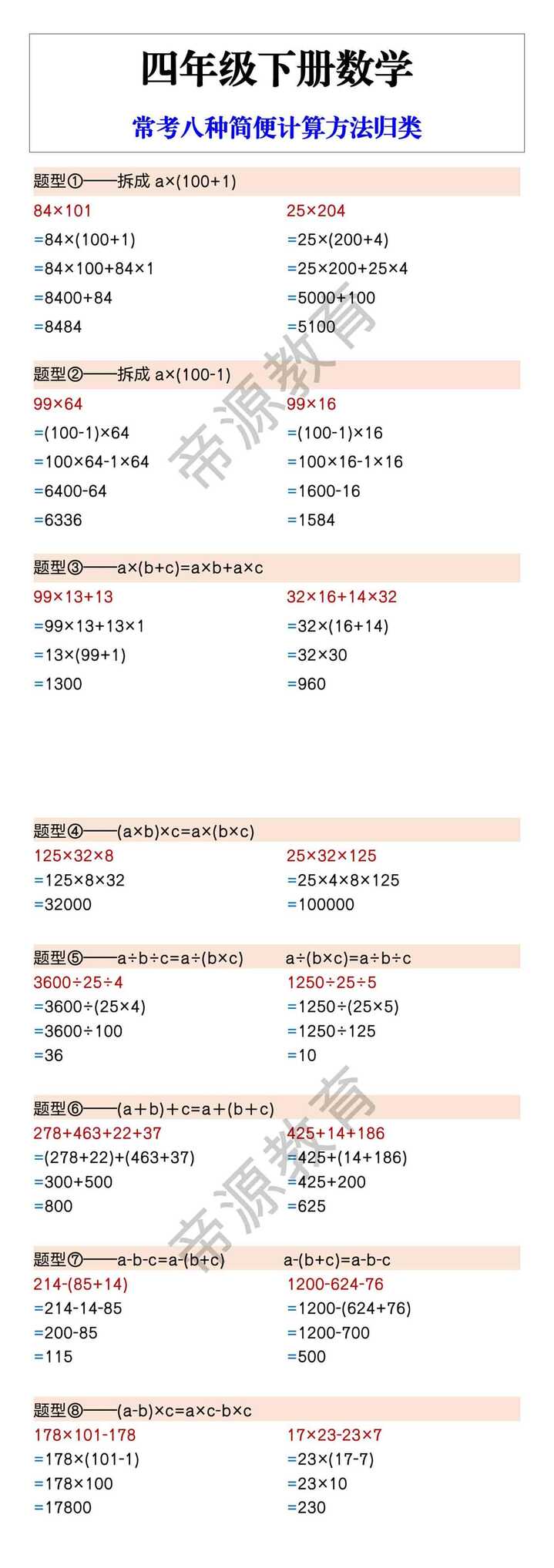 四年级下册数学 常考八种简便计算方法归类