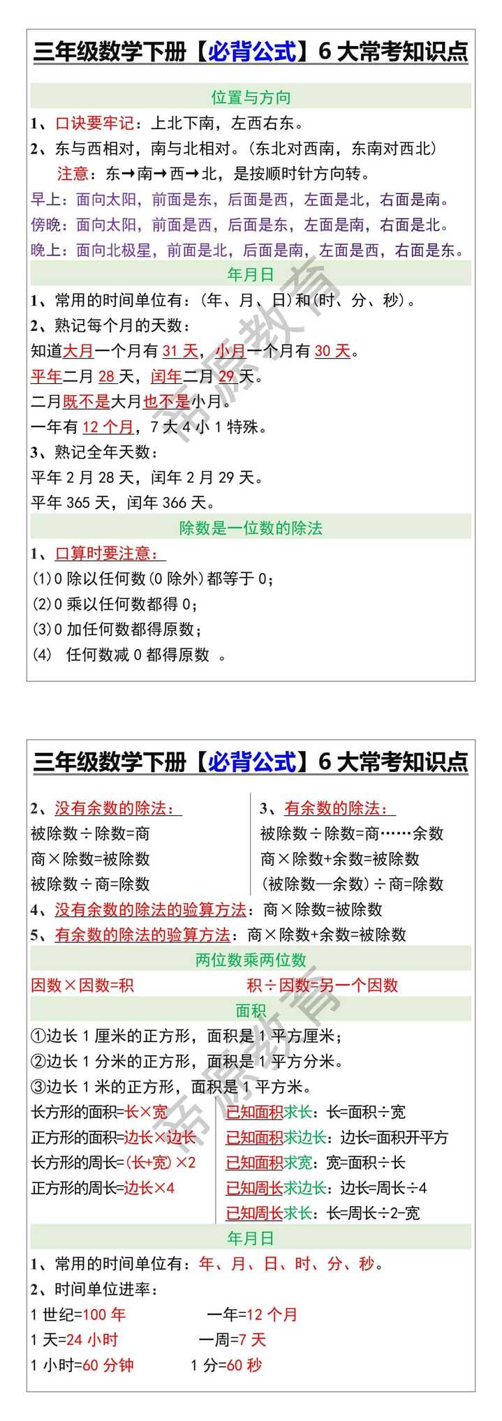 三年级数学下册【必背公式】6大常考知识点