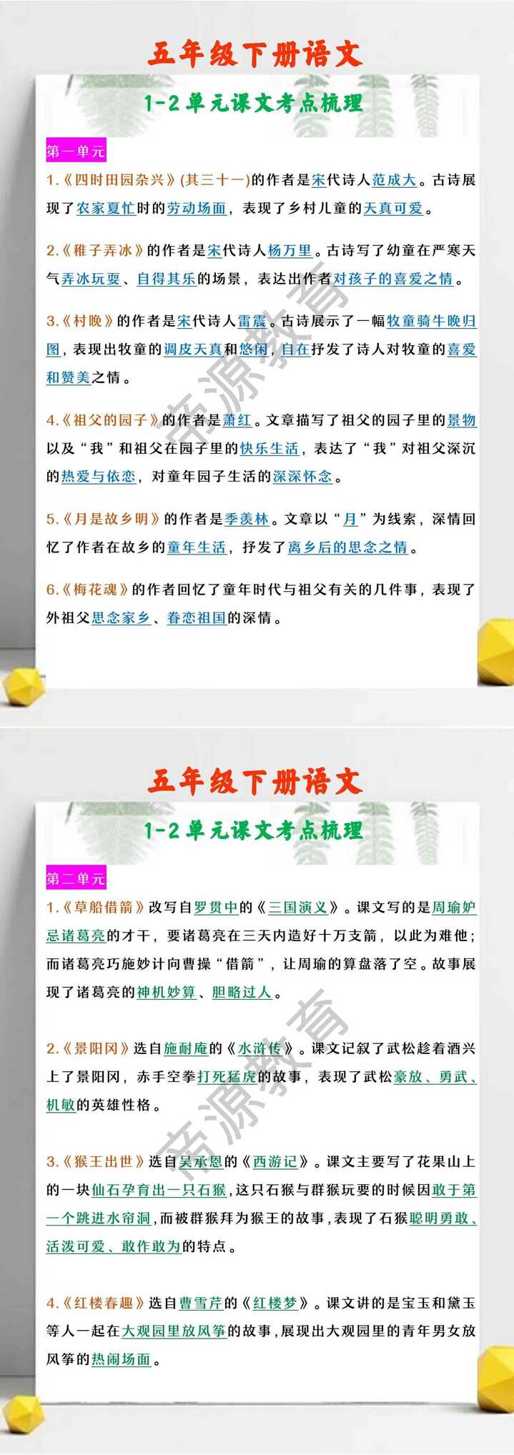 五年级下册语文 1-2单元课文考点梳理