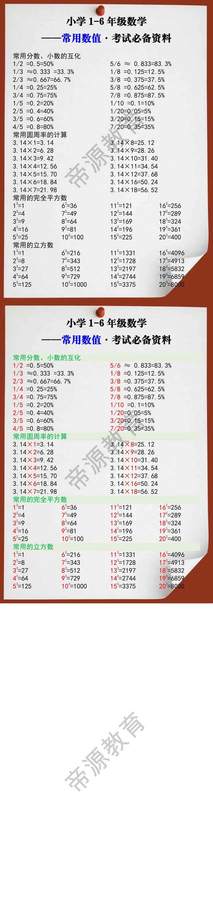 四年级数学考试常用数值