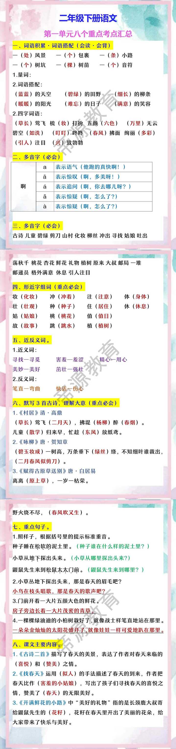 二年级下册语文 第一单元八个重点考点汇总