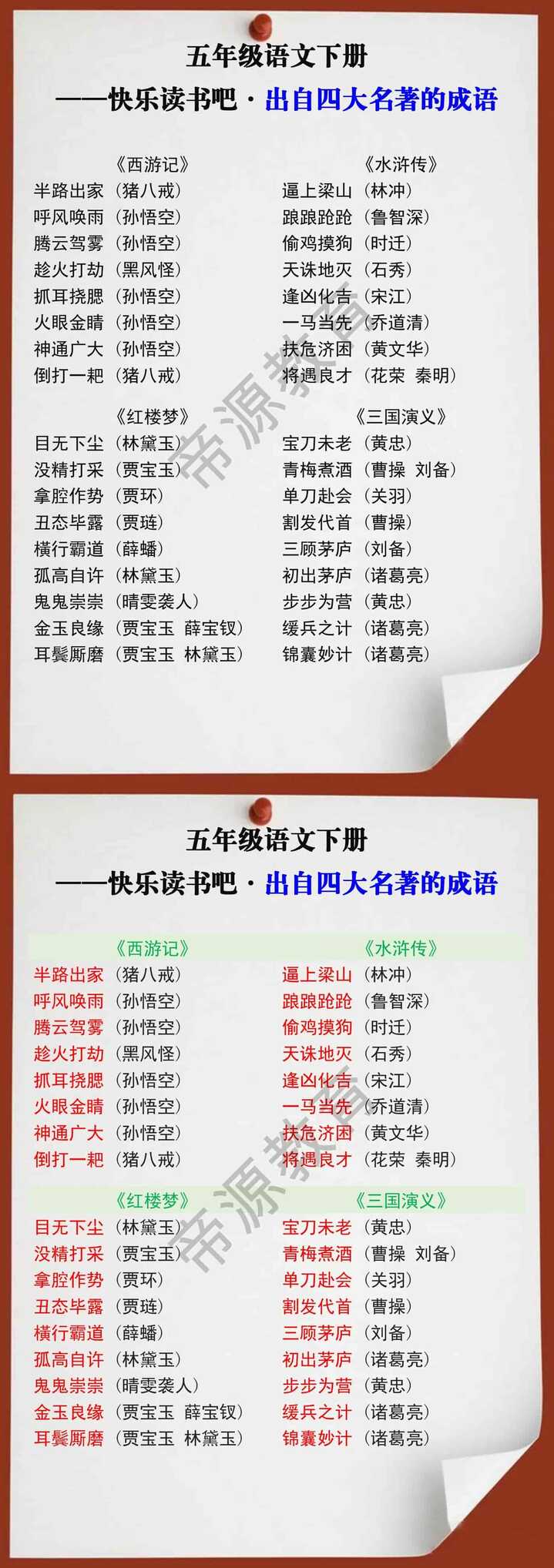 五年级语文下册快乐读书吧出自四大名著的成语