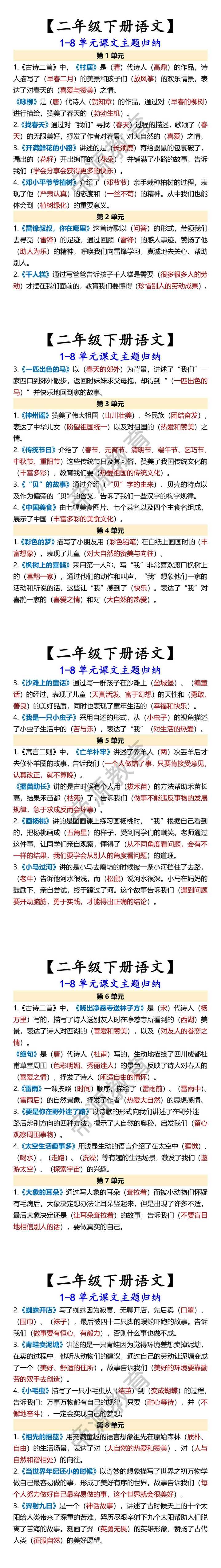 【二年级下册语文】 1-8单元课文主题归纳