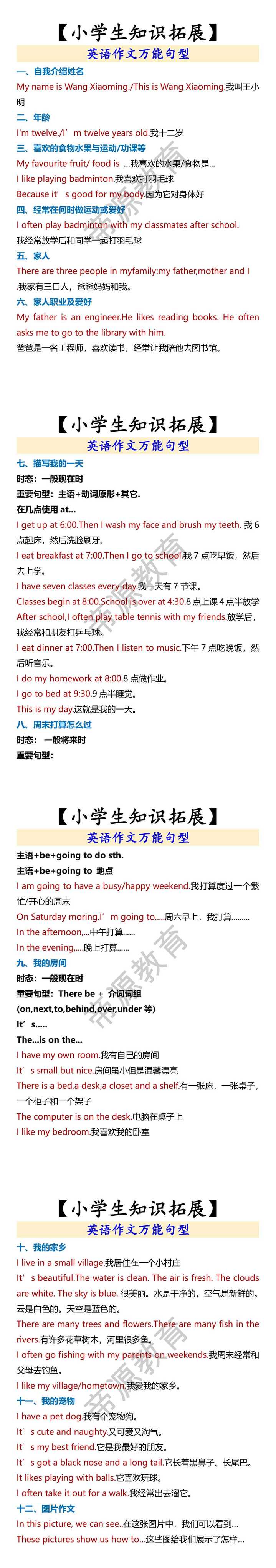 【小学生知识拓展】 英语作文万能句型