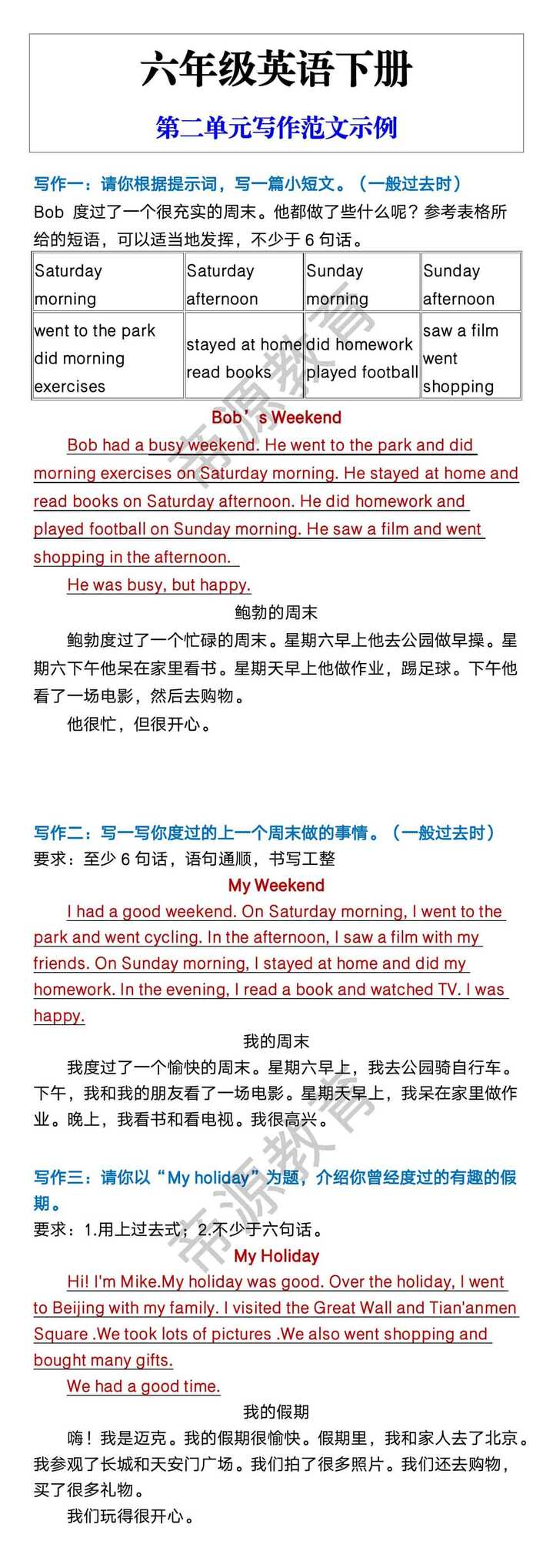 六年级英语下册 第二单元写作范文示例