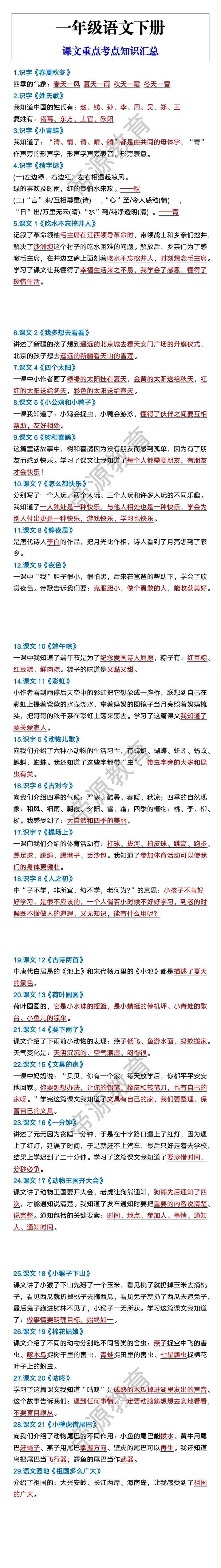 一年级语文下册 课文重点考点知识汇总