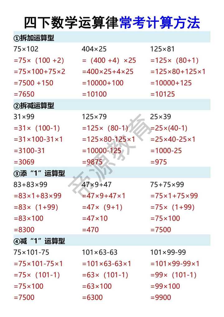 四下数学运算律常考计算方法