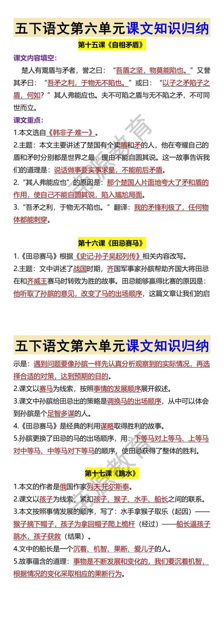 五下语文第六单元课文知识归纳