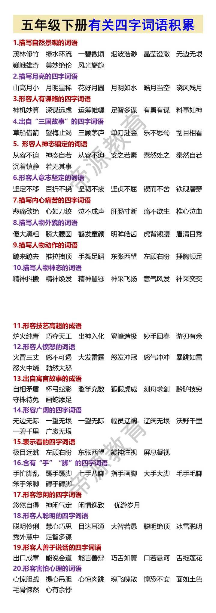 五年级下册有关四字词语积累
