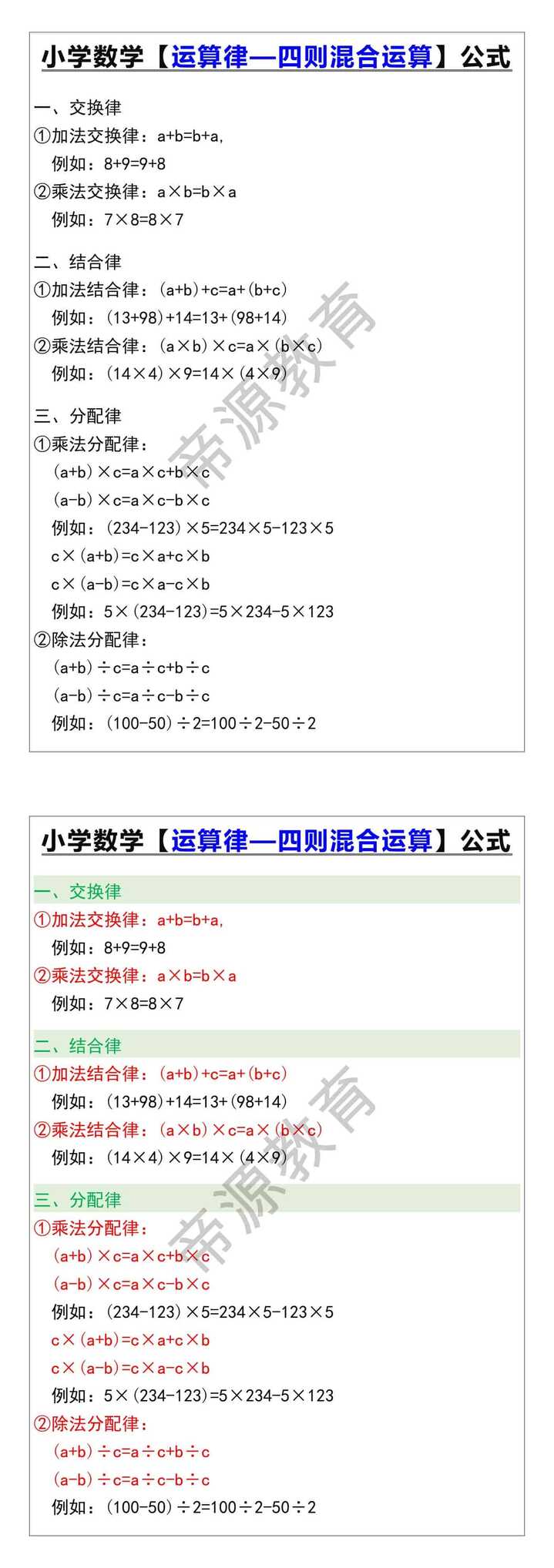 四年级数学下册运算律、四则混合运算公式