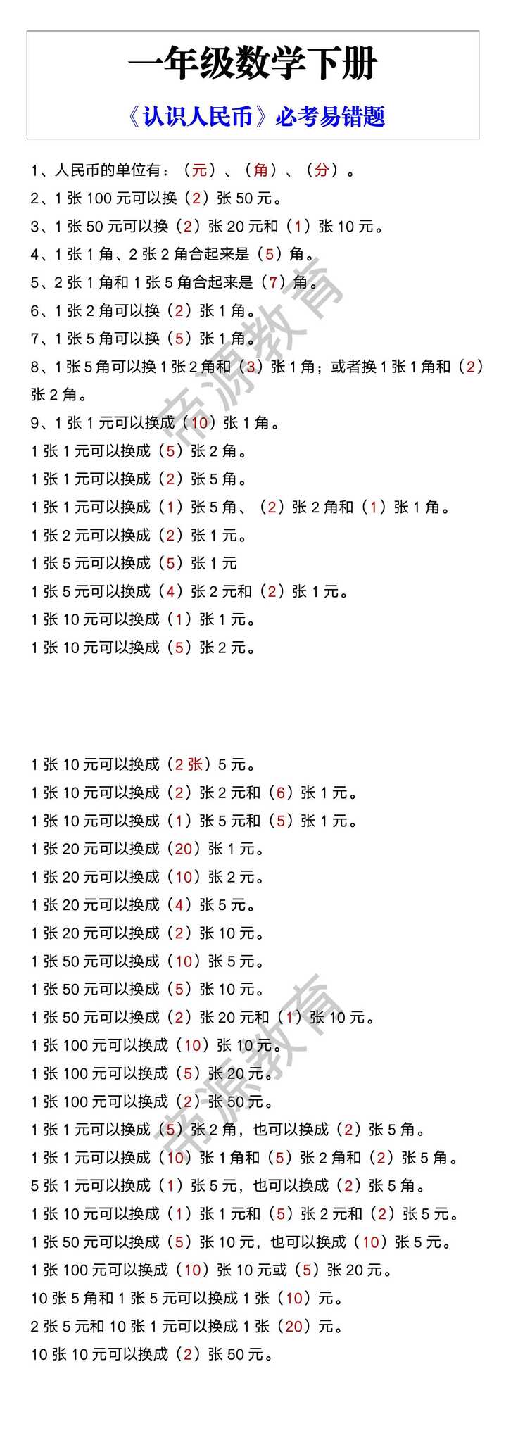 一年级数学下册 《认识人民币》必考易错题