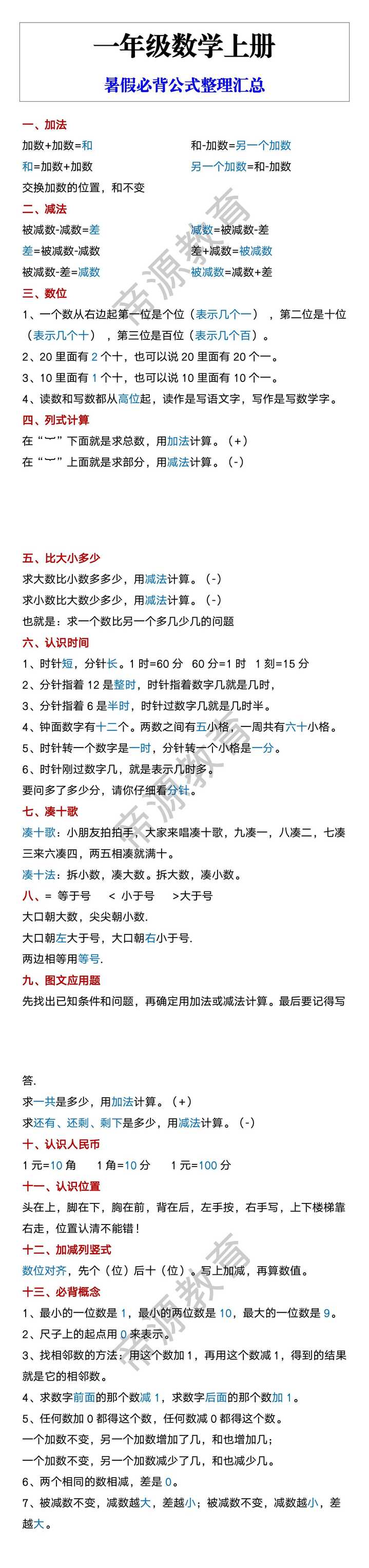 一年级数学上册 暑假必背公式整理汇总