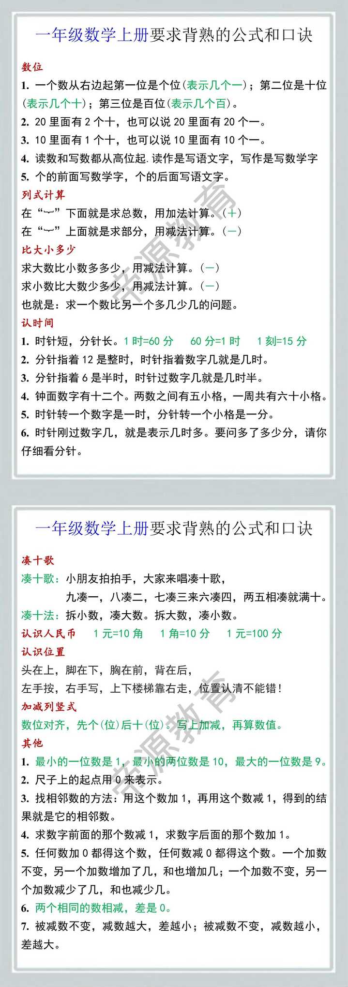 一年级数学上册要求背熟的公式和口诀