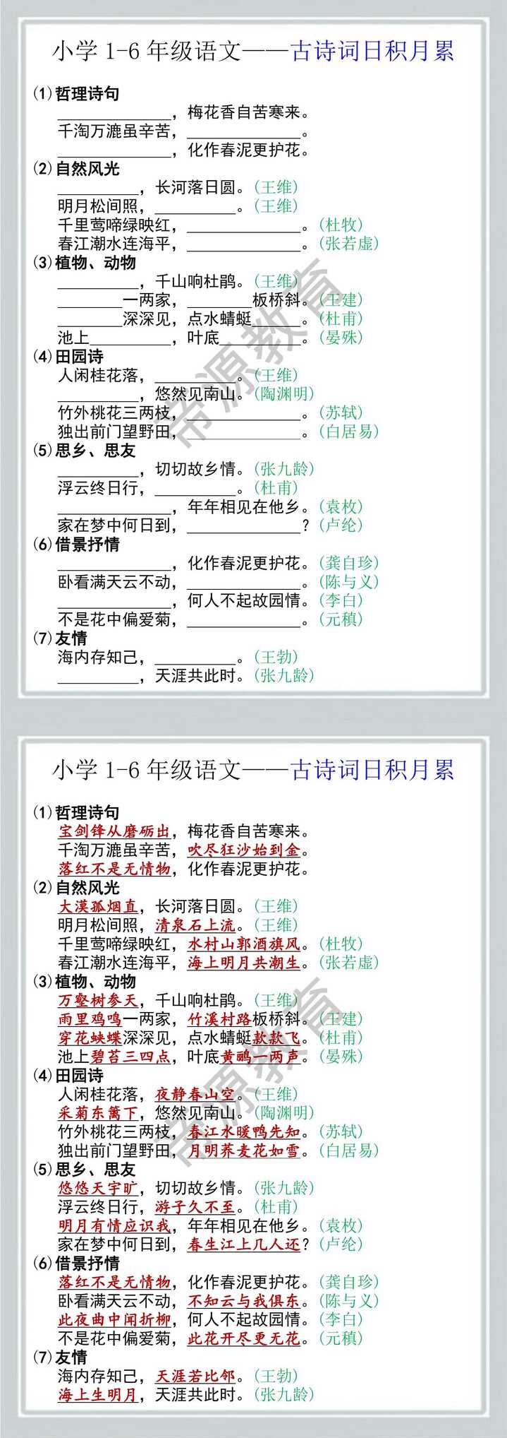 小学1-6年级语文日积月累分类填空