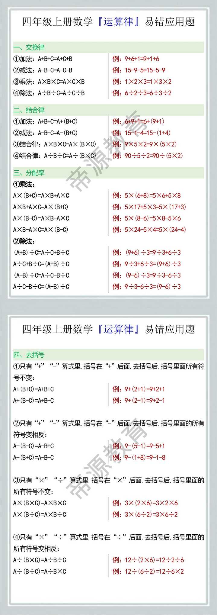 四年级上册数学『运算律』公式及例题