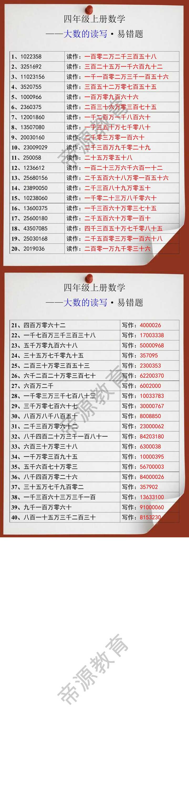 四年级上册数学大数的读写易错题
