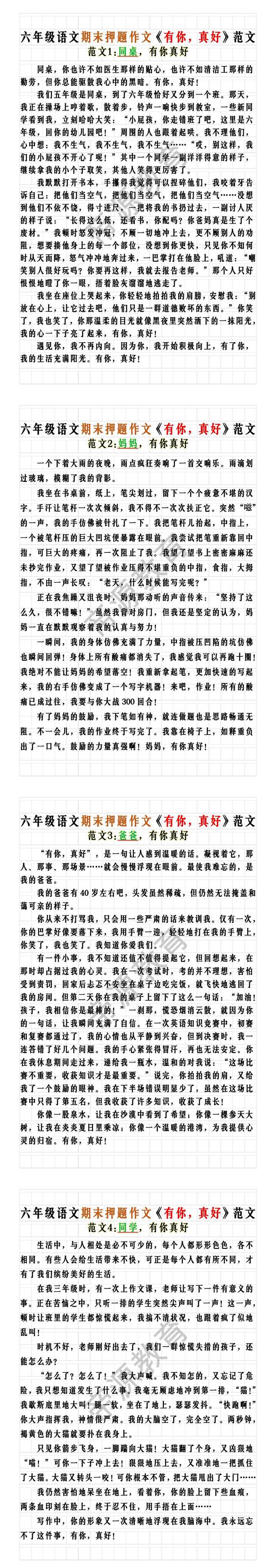 六年级语文期末押题作文《有你，真好》范文