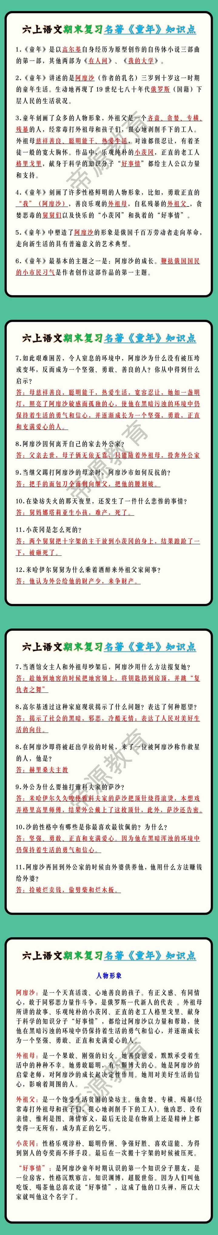 六年级上册语文期末复习名著《童年》知识点