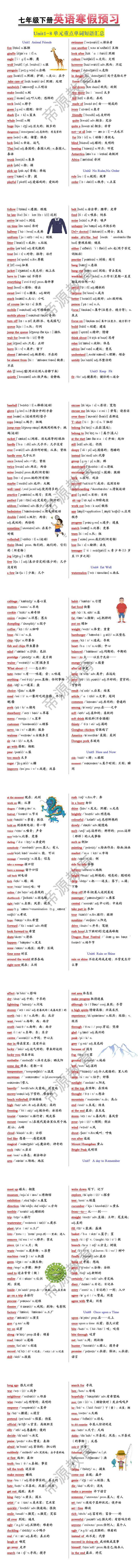 七年级下册英语Unit1-8单元单词短语汇总